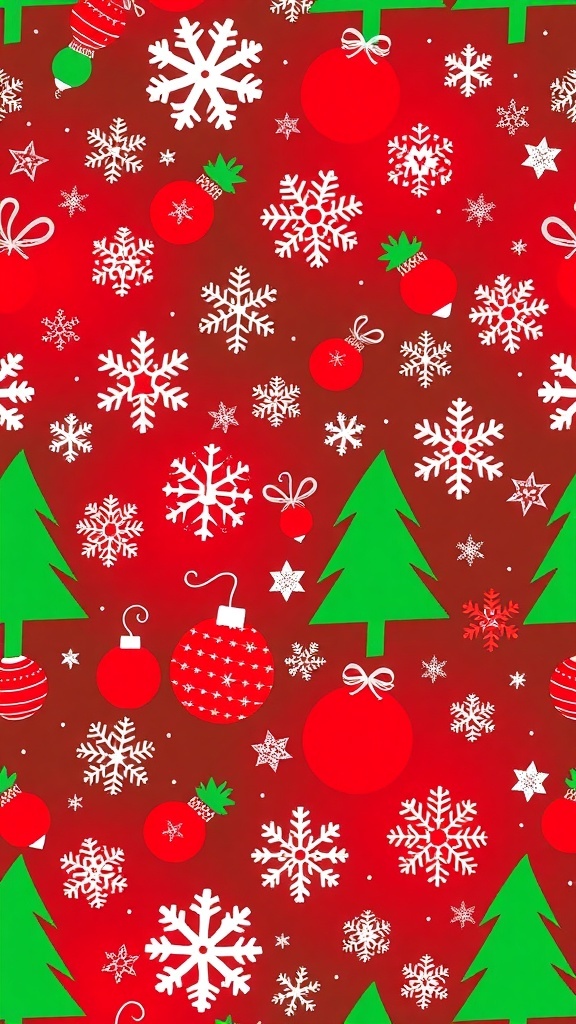 A colorful Christmas background pattern with snowflakes, trees, and ornaments in red and green.